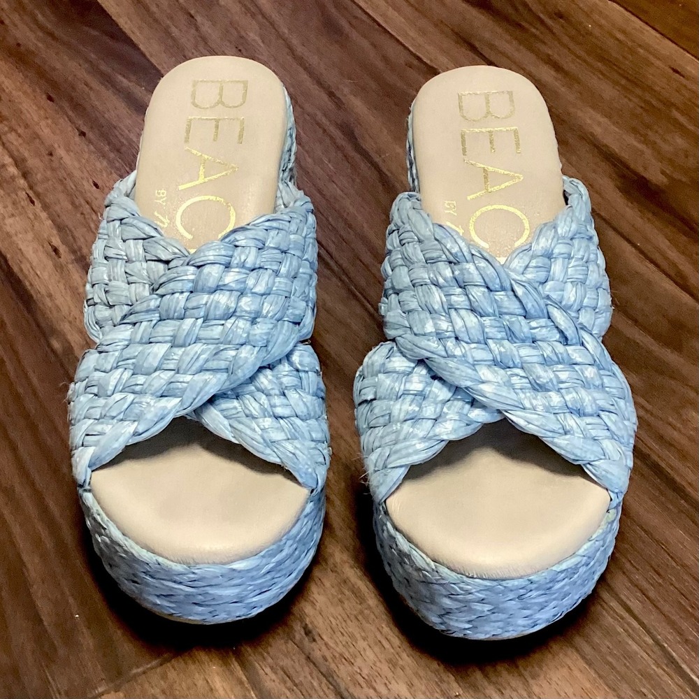 Beach Matisse Sky Blue Woven Raffia Platform Block Heel Slide Sandals Women's 9 - Picture 2 of 8